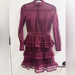 Self-Portrait High Neck Burgundy Lace Paneled Tiered Long Sleeve Dress
